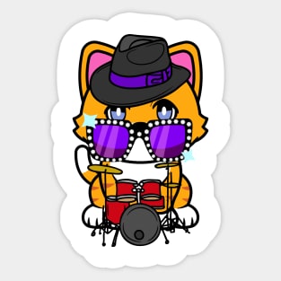 Funny orange cat is playing the drums Sticker